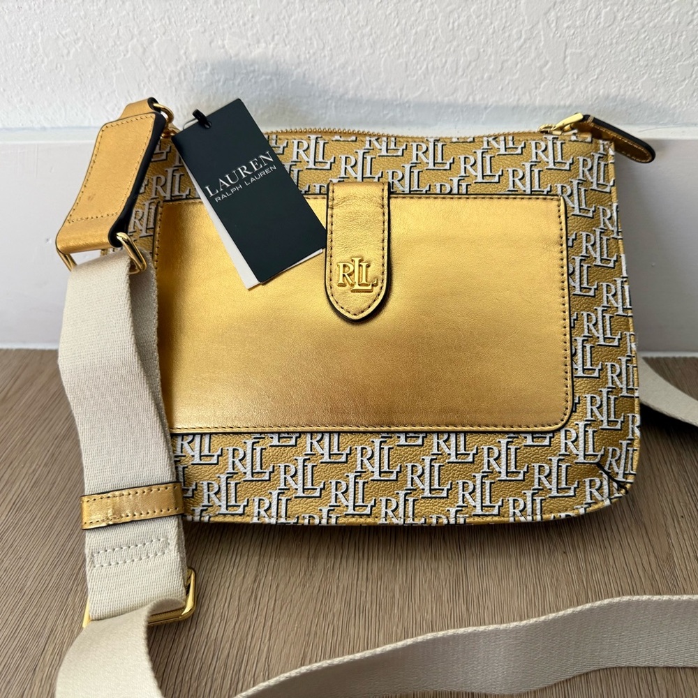 New Lauren Ralph Lauren Gold Monogram Flap Crossbody with Cream Strap